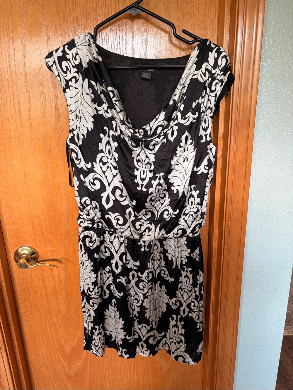 Sleeveless Black and Silver Print Cowl Neck Dress